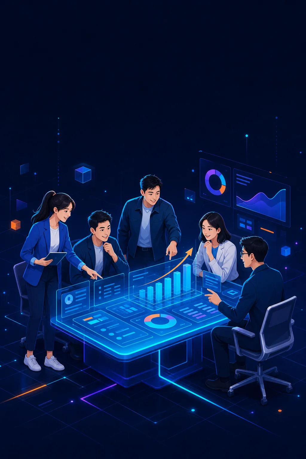 年轻职场人在数字化学习平台前协作培训